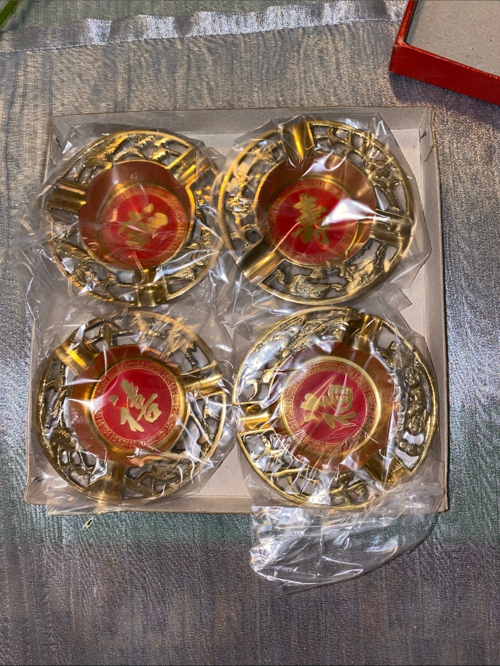Vintage Gold & Red Decorative Ashtrays, Fortune, Good Life, Longevity, Happiness